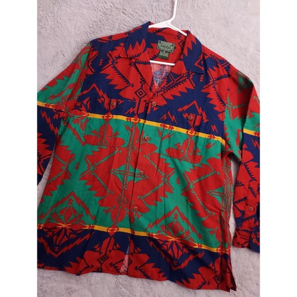 Vintage Ralph Lauren Country Shirt Men Small Aztec Flannel Loop Collar Camp Red